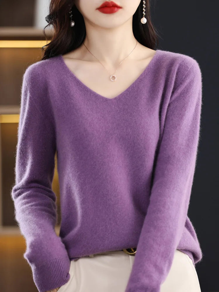 100% Pure Merino Wool Women's V-Neck Sweater