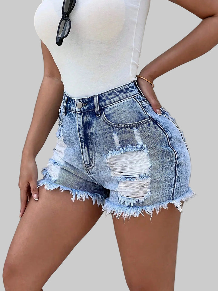 Trendy High-Waist Distressed Denim Shorts