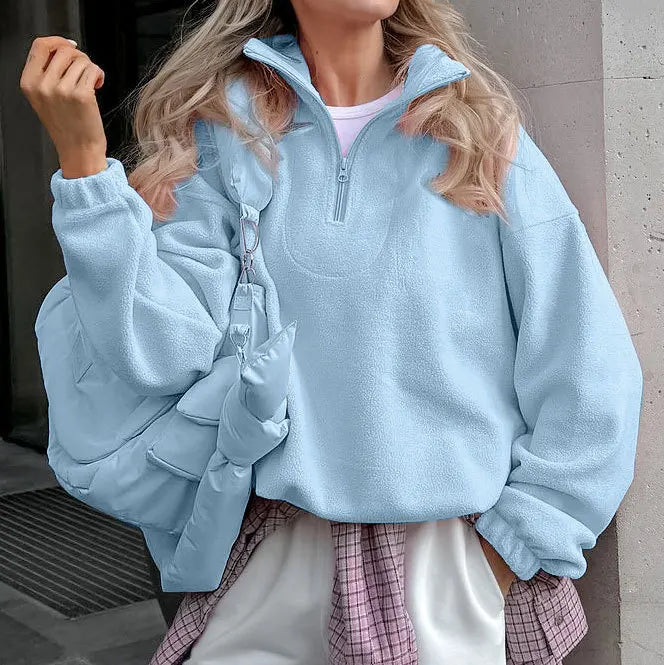 Solid Polar Fleece Hoodie with Zipper Lapel