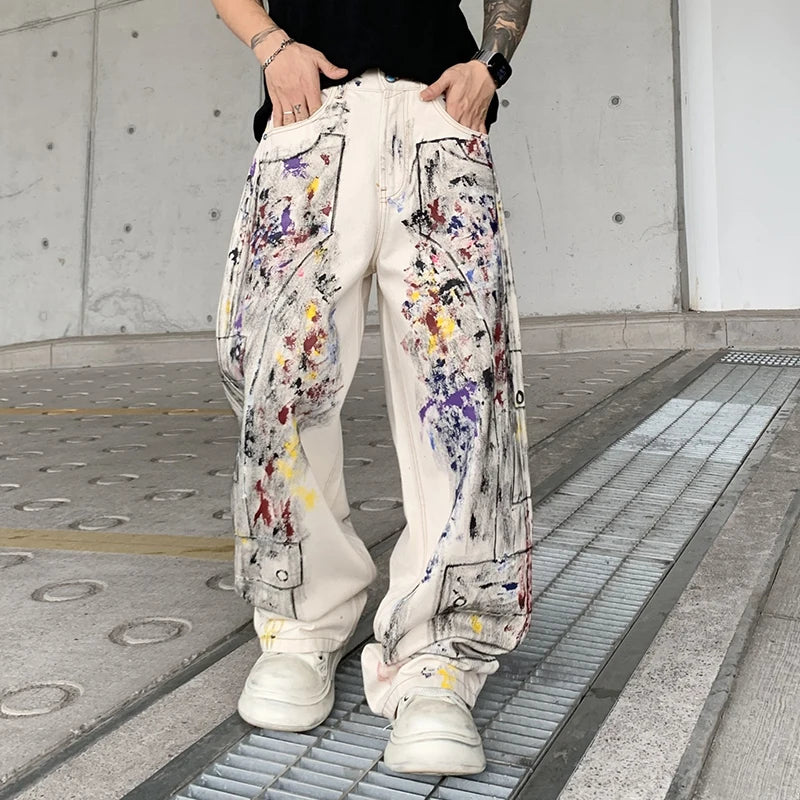 Loose Wide-Leg Contrast Color Graffiti Jeans