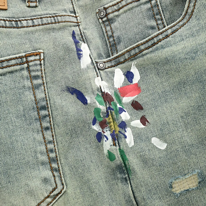 Retro Y2K Scratch-Painted Light Grey Jeans
