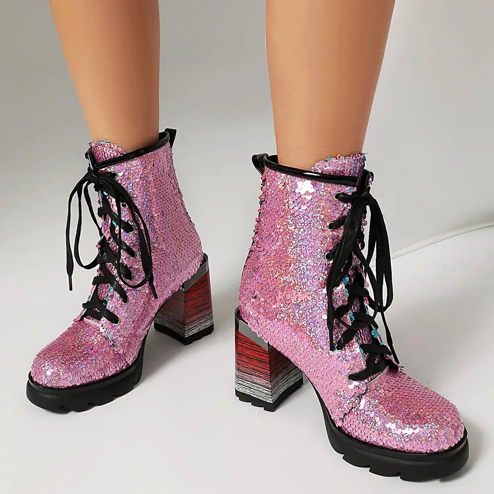 Chunky Lace-up Sequin Ankle Party Boots