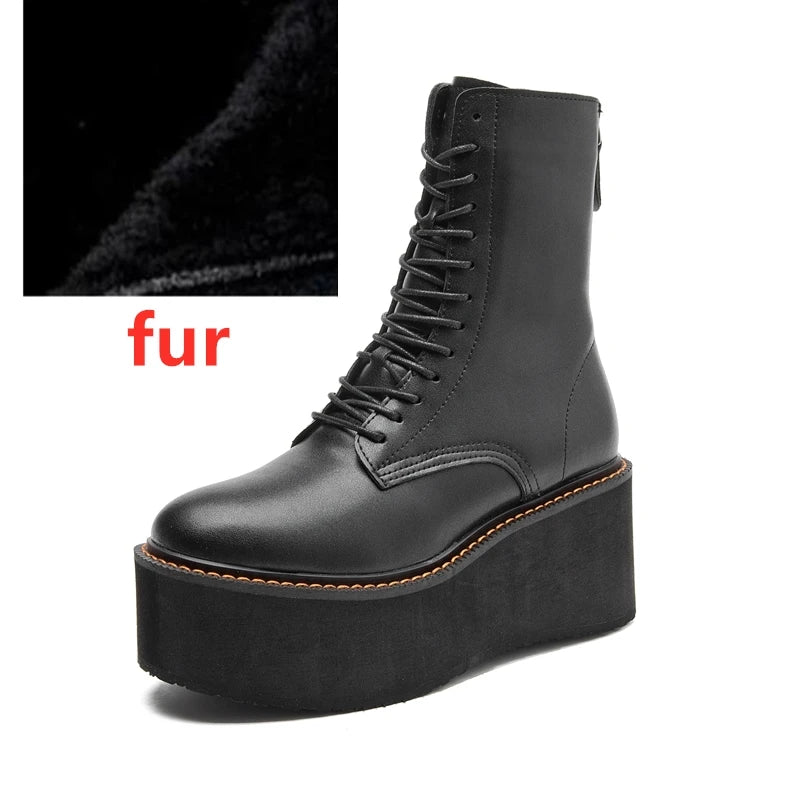 Genuine Leather High Heel Platform Winter Ankle Boots