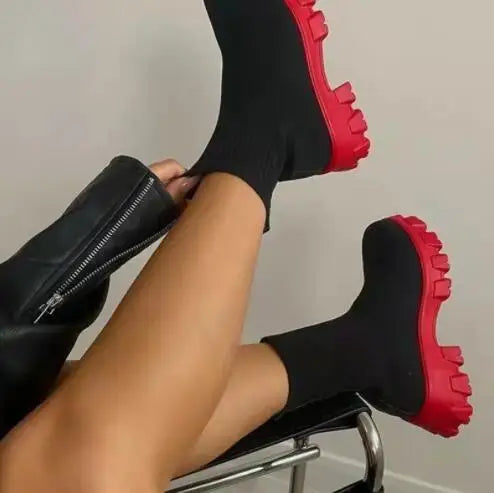 Luxury Ankle Boots with Casual Thick Sole and Knitted Socks