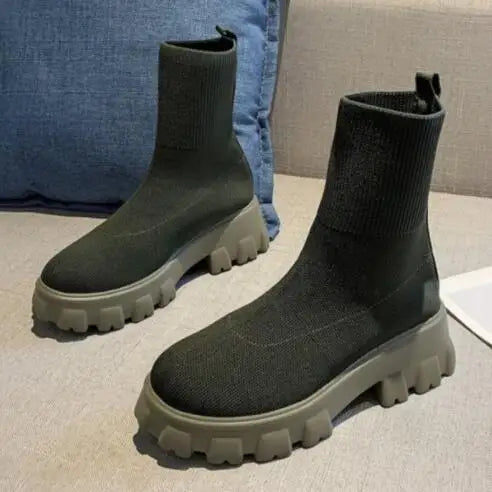 Luxury Ankle Boots with Casual Thick Sole and Knitted Socks
