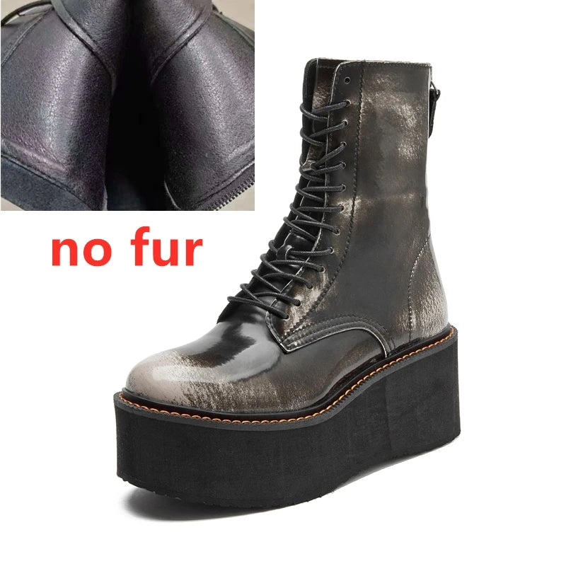 Genuine Leather High Heel Platform Winter Ankle Boots