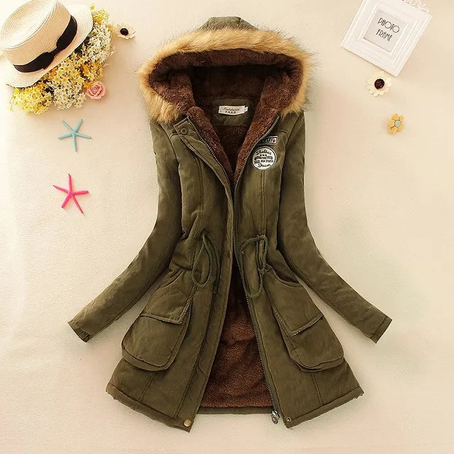 Slim Fit Embroidered Hooded Parka Cotton Padded Jacket