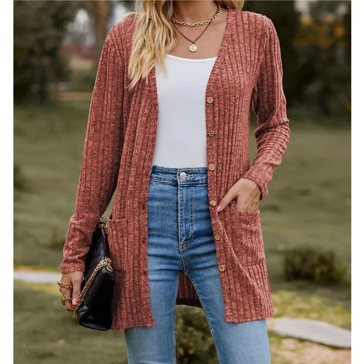 Fleece-Striped V-Neck Long Sleeve Cardigan