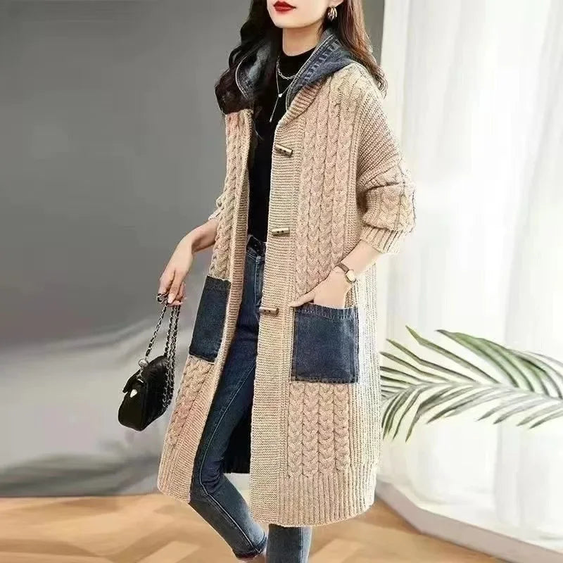 Spring Autumn Loose-Fit Hooded Knitted Cardigan