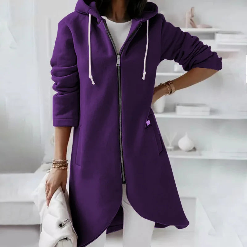 Long Hooded Zip-Up Solid Color Sweatshirt