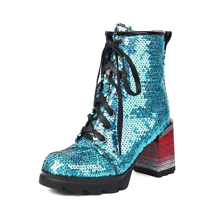 Chunky Lace-up Sequin Ankle Party Boots