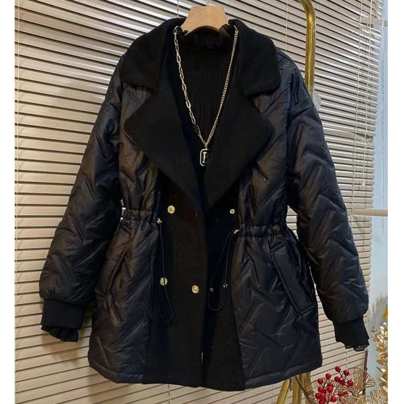 Long Oversized Lapel Elastic Waist Down Cotton Parka Jacket