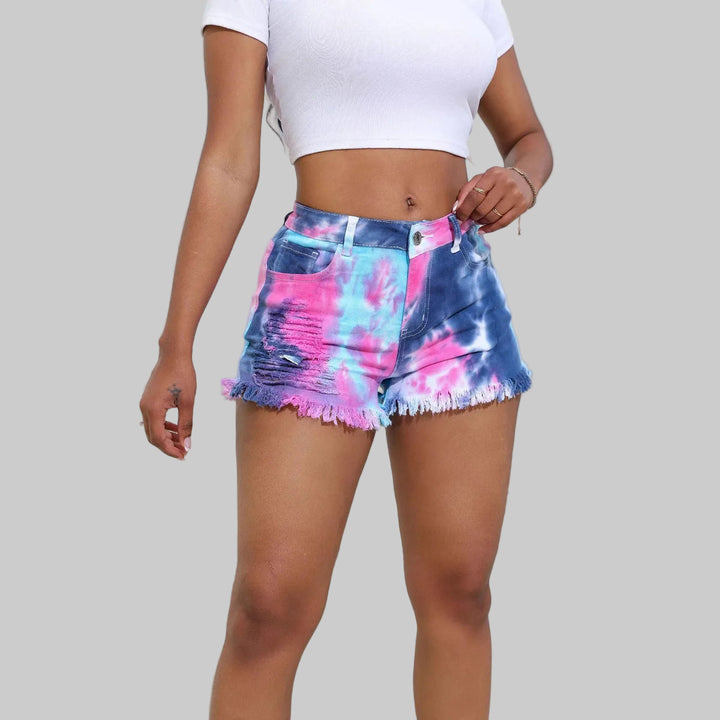 Trending Tie-Dye Mid Waist Distressed Denim Shorts