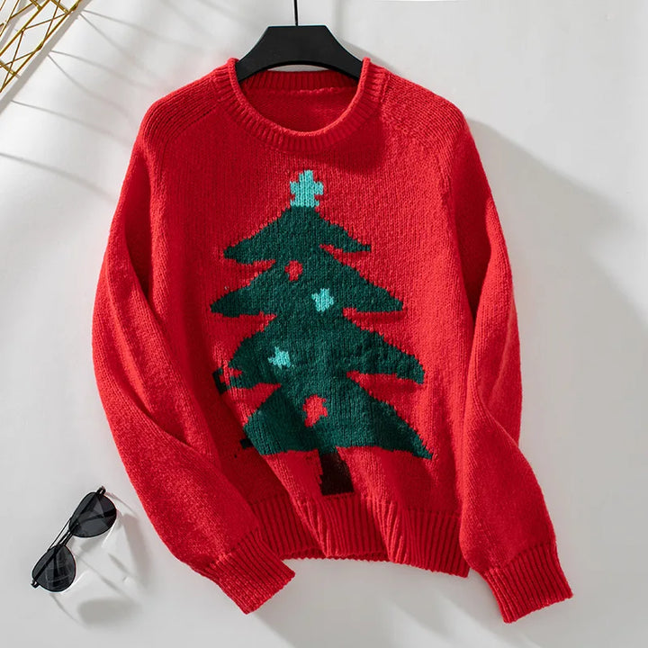 Crew Neck Christmas Tree Pattern Sweater