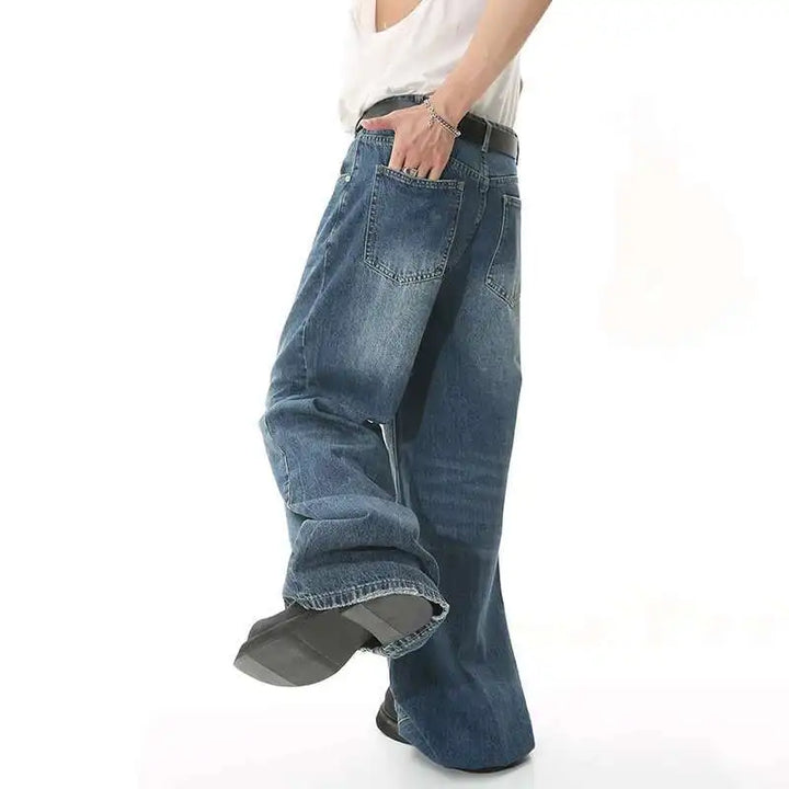Gradient Washed Denim Pants with Metal Ring Design