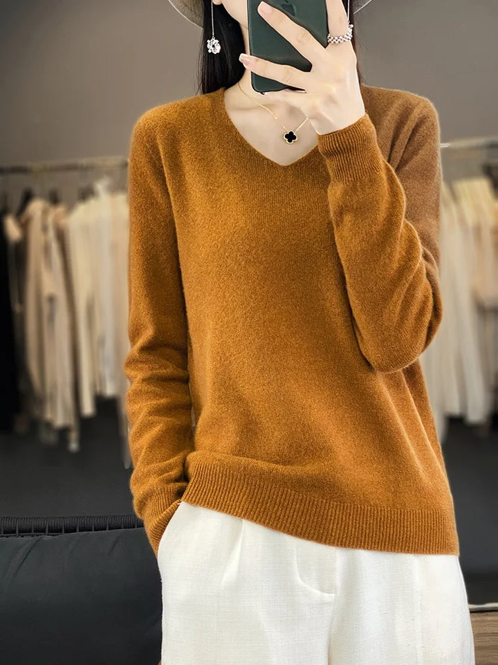 100% Pure Merino Wool Women's V-Neck Sweater