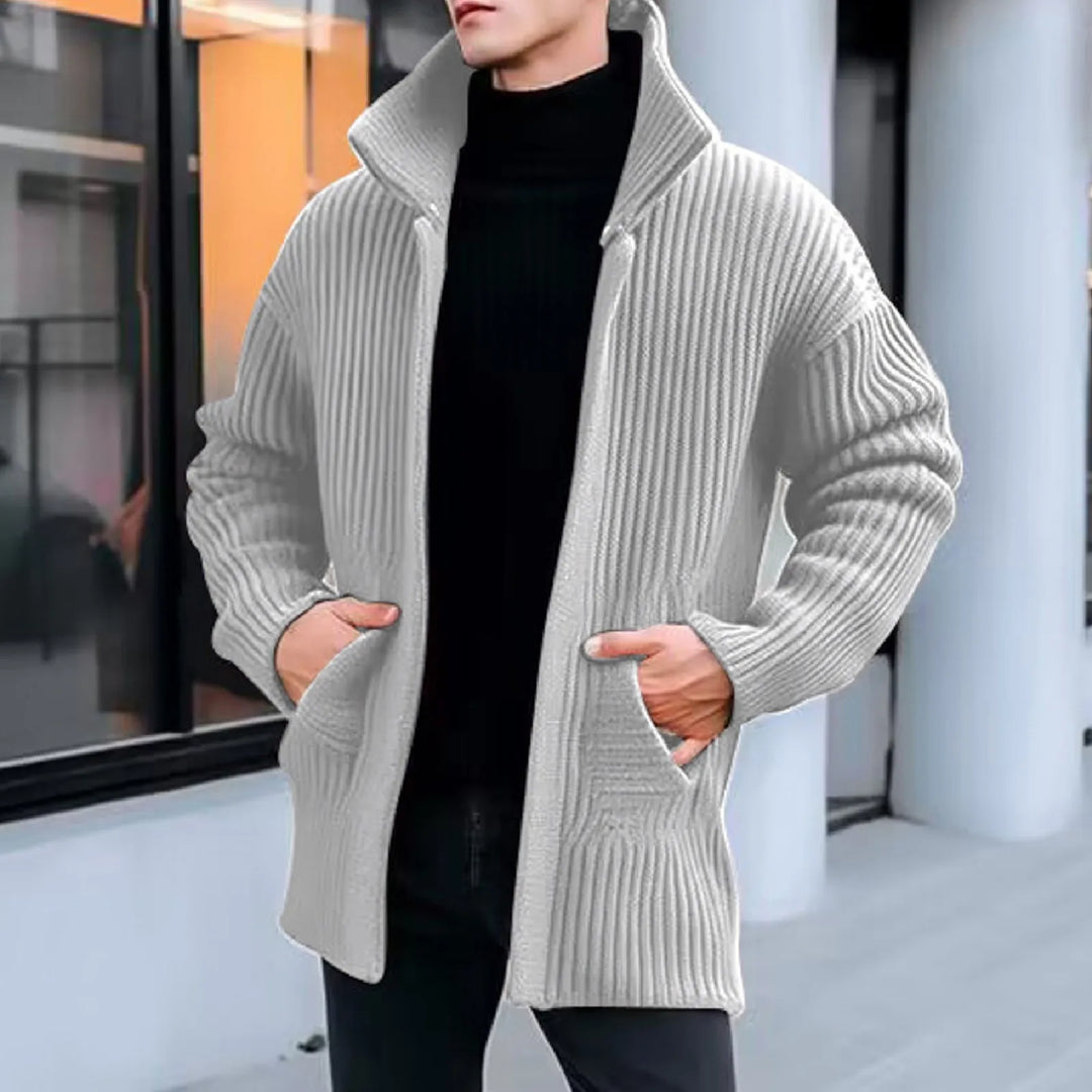 Mid-Length Solid Color Warm Knitted Lapel Sweater