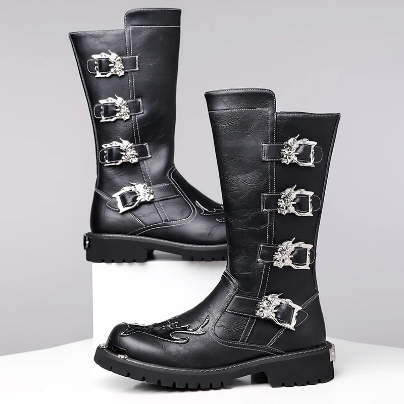 Mid-Calf Leather Motorcycle Boots