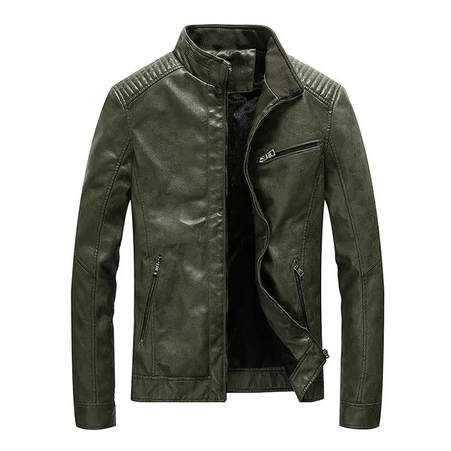 Slim Fit PU Leather Stand Collar Motorcycle Jacket