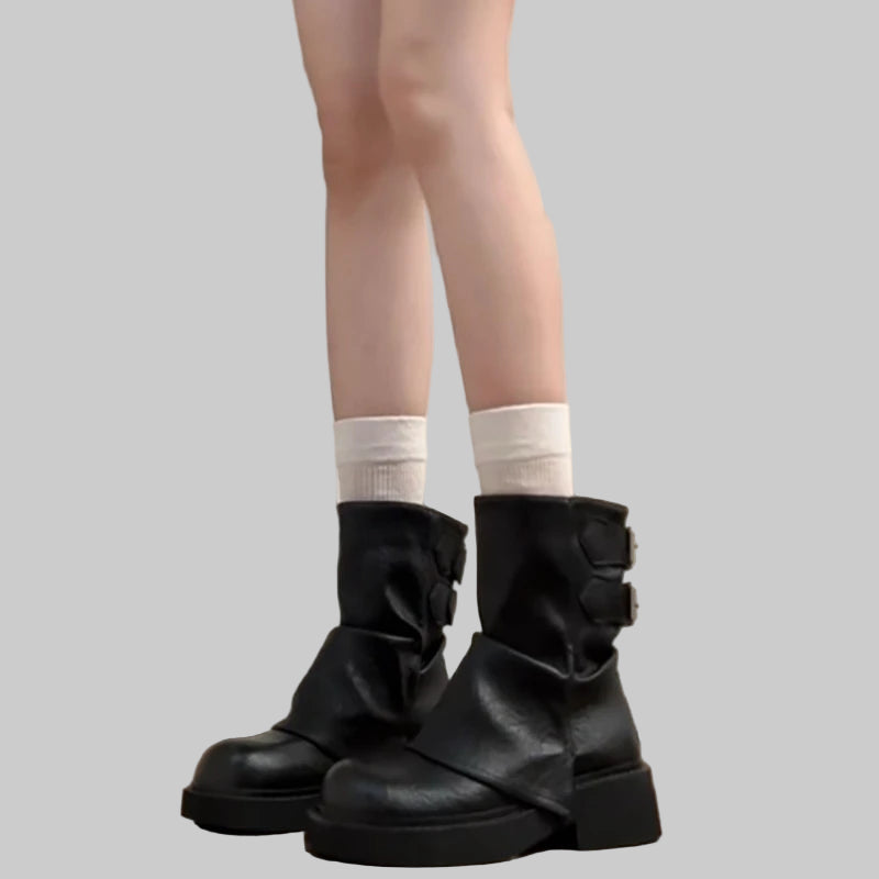 Elegant Belt Buckle Low Heels Leather Ankle Boots
