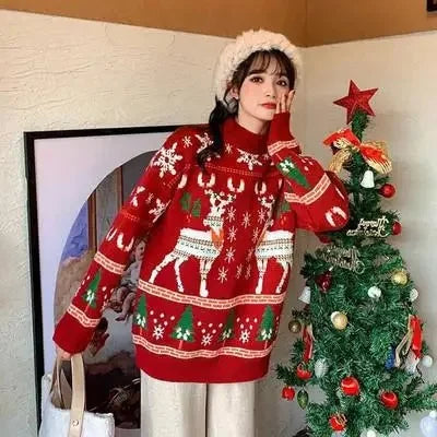 Cozy Red Deer Knitted Christmas Sweater