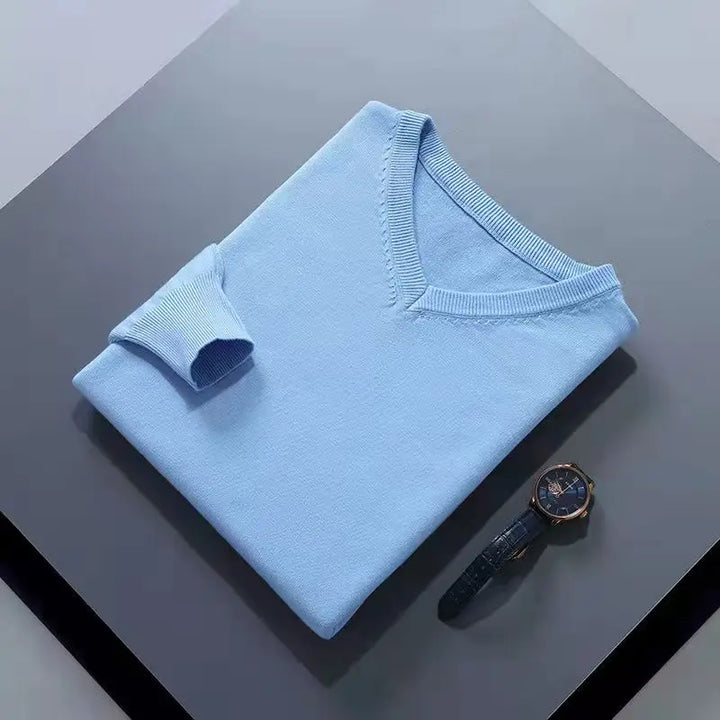 Knitted Cotton Blend Classic V-Neck Pullover