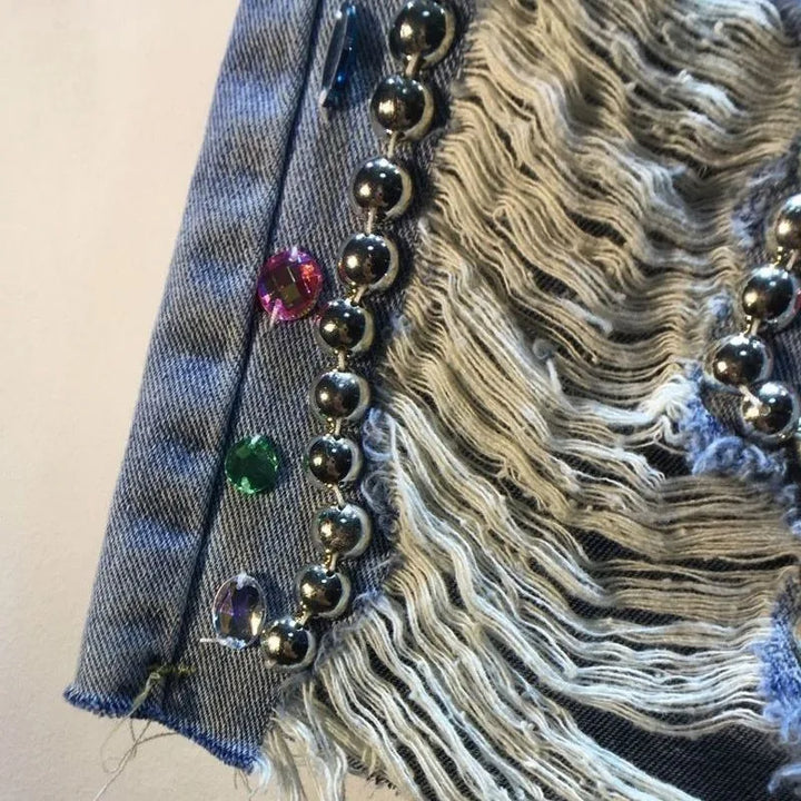 High-Waisted Distressed Denim Shorts with Diamond Accents