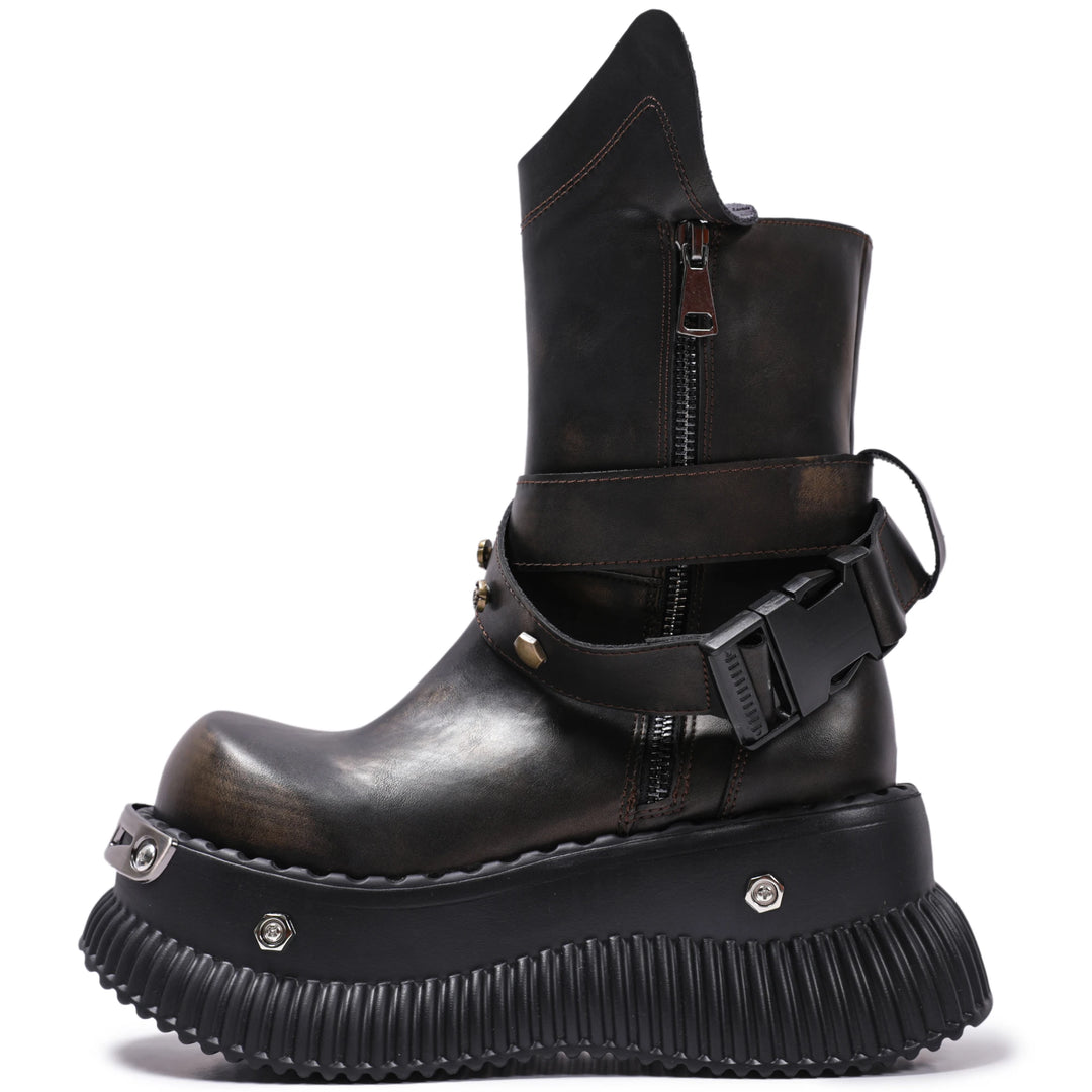 Authentic Leather Mid-Calf Motorcycle Boots with Buckle Strap