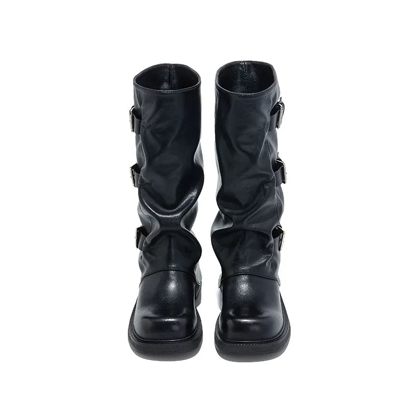Square Toe Pleated Western Cowboy Boots
