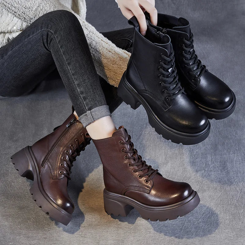 Authentic Leather Chunky Sole Women's British-Inspired Ankle Boots