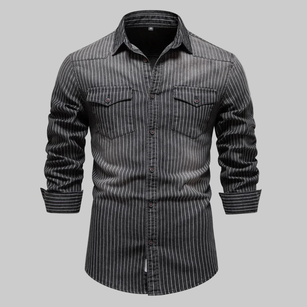 Striped Denim Cotton Long Sleeve Shirt