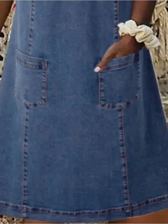 Short Sleeve Loose A-Line V-Neck Denim Dresses