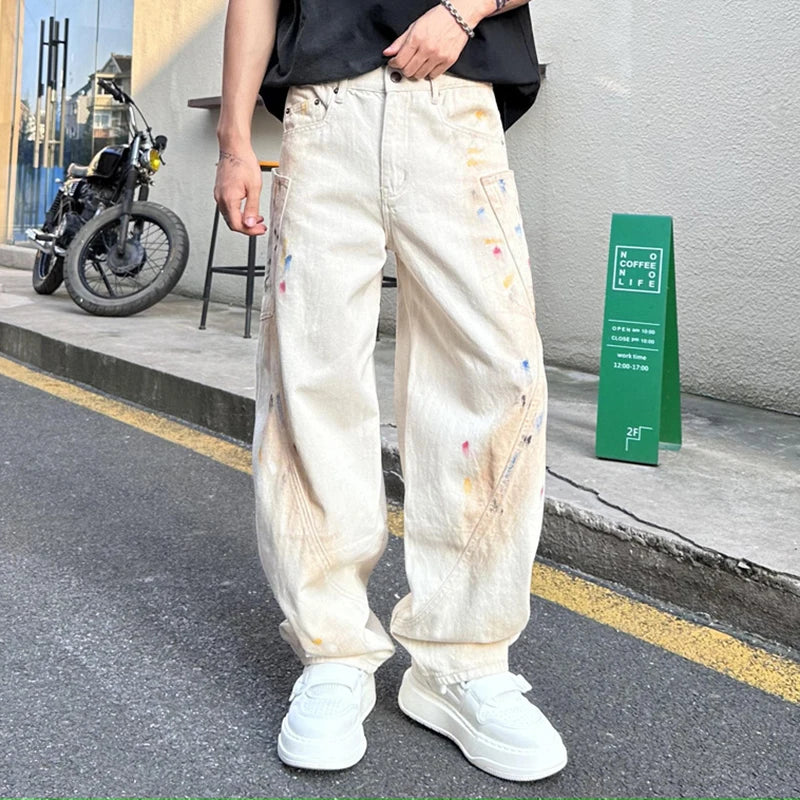 Loose Wide-Leg Contrast Color Graffiti Jeans