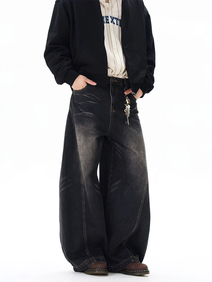 Retro Washed Curved Blade Baggy Wide-Leg Jeans