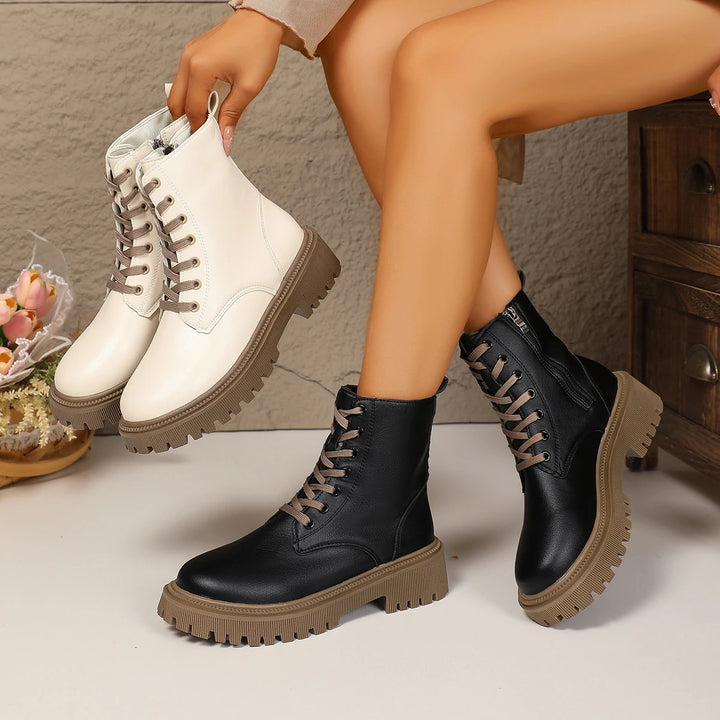 Solid Color Chunky Heel Side Zip Boots