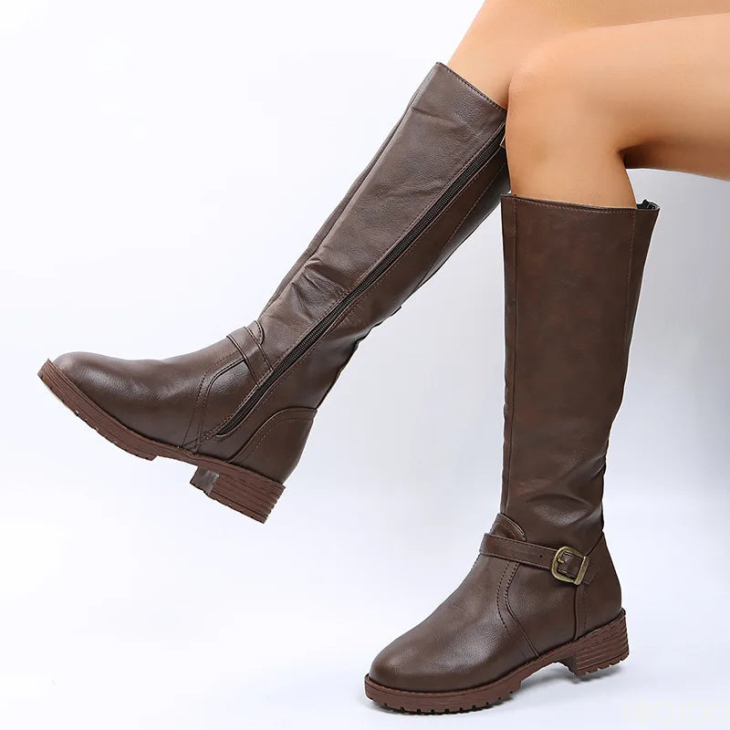 Zippered Low-Heel Knee-High Boots
