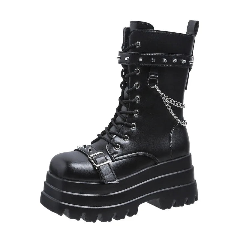 Thick Gothic Knee-High Platform Wedge Boots with Buckle