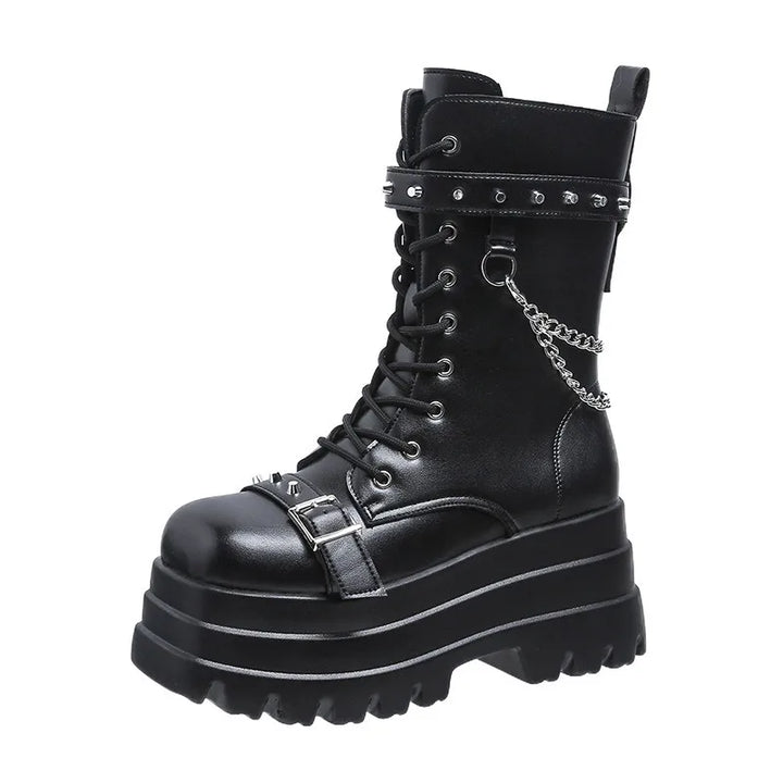Thick Gothic Knee-High Platform Wedge Boots with Buckle