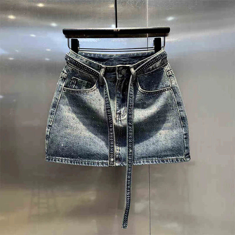 Oversized Retro Diamond Denim Mini Skirt