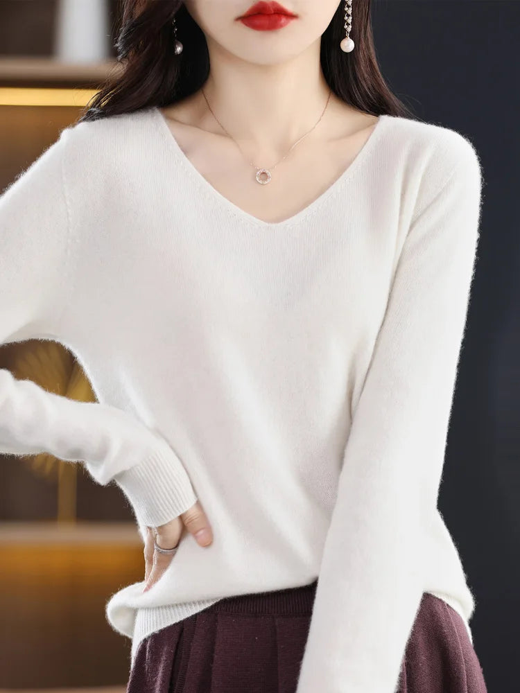 100% Pure Merino Wool Women's V-Neck Sweater