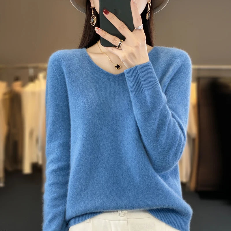 100% Pure Merino Wool V-Neck Autumn Winter Sweater