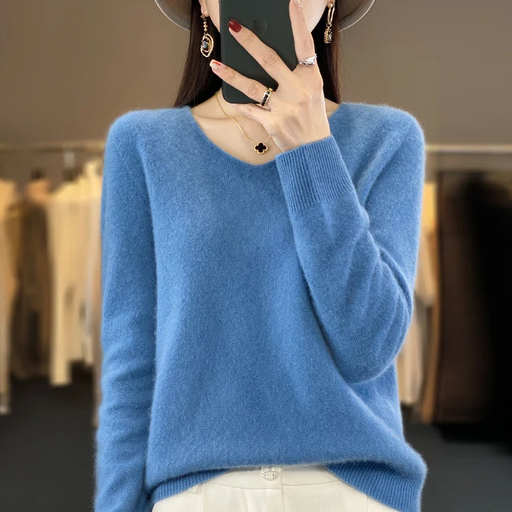 100% Pure Merino Wool V-Neck Autumn Winter Sweater