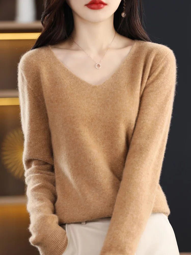 100% Pure Merino Wool Women's V-Neck Sweater