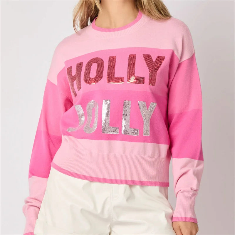 Round Neck Sequined Letter Knit Christmas Sweater