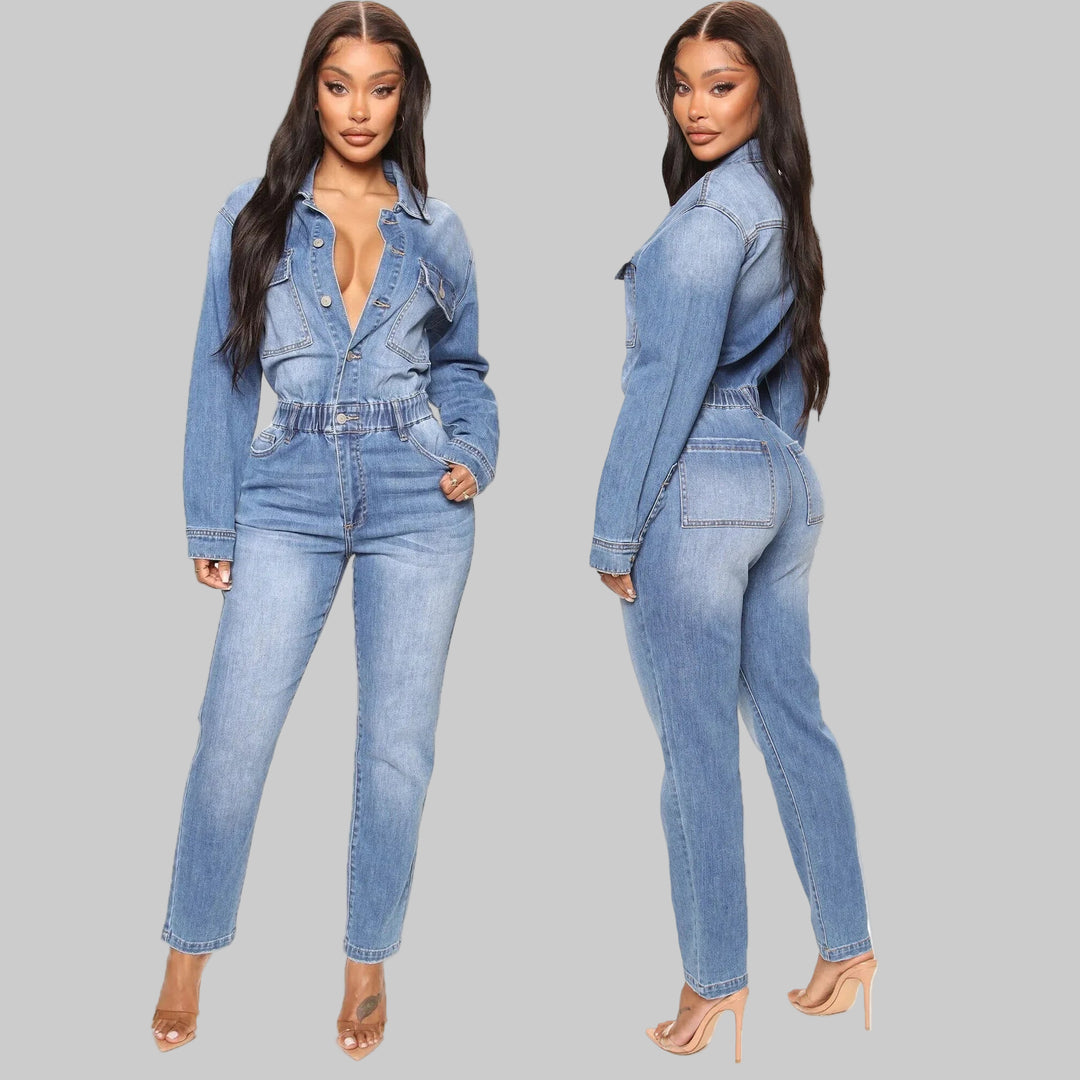 Oversized Collared Long Sleeve High Waist Slim Fit Denim Jumpsuit