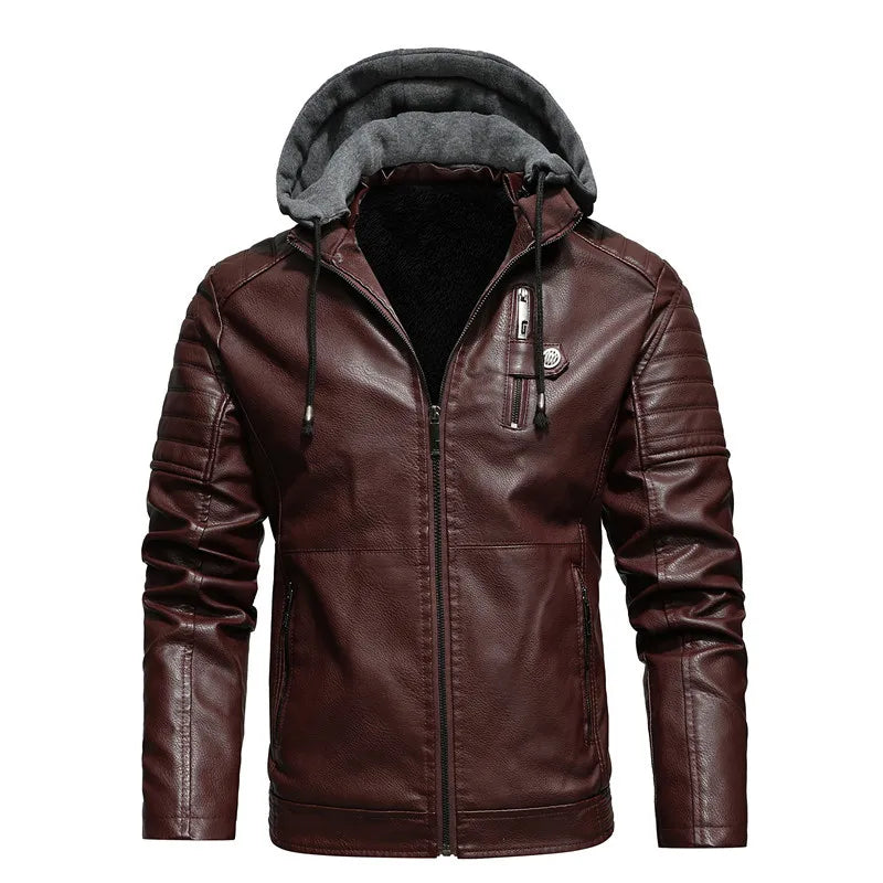 Fleece Lined Leather Hooded Motorcycle Jacket