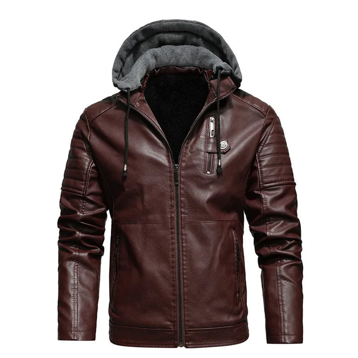 Fleece Lined Leather Hooded Motorcycle Jacket