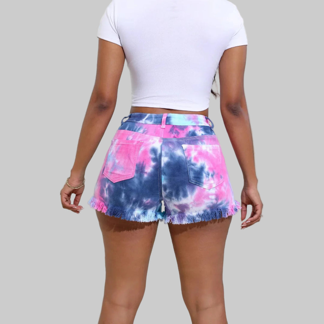 Trending Tie-Dye Mid Waist Distressed Denim Shorts