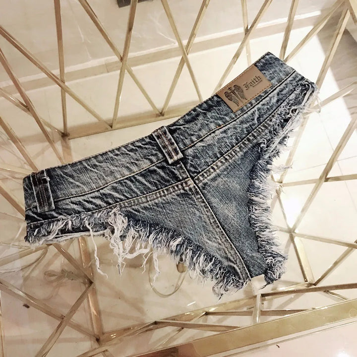 Sexy Thong Style Low-Waist Distressed Tassel Denim Shorts