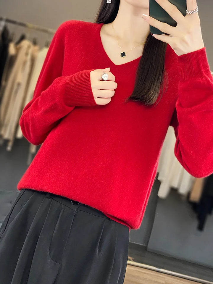 100% Pure Merino Wool Women's V-Neck Sweater